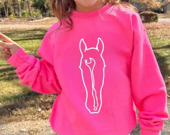 Custom Youth Horse Crewneck Sweatshirt, Personalized Horse Gift for Girl, Kids Horse Lover Birthday Gift, Horse Line Drawing