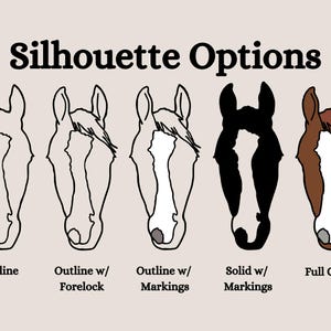 May include: Five different silhouette options for a horse's head. The options include an outline, an outline with a forelock, an outline with markings, a solid silhouette with markings, and a full color silhouette.