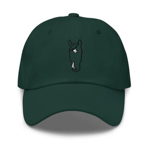 May include: A dark green baseball cap with an embroidered black horse head design.