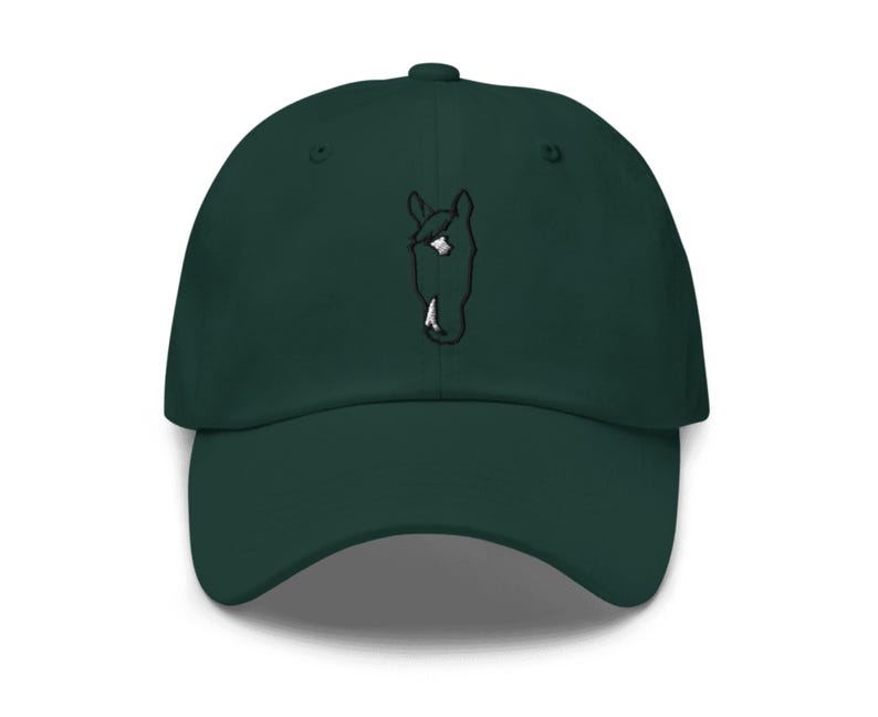 May include: A dark green baseball cap with an embroidered black horse head design.