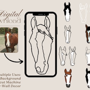 May include: Digital download of a horse head outline in black and white. The image shows a phone screen with the outline on it, and several variations of the outline in different colours. The text "Digital Download" is at the top of the image.