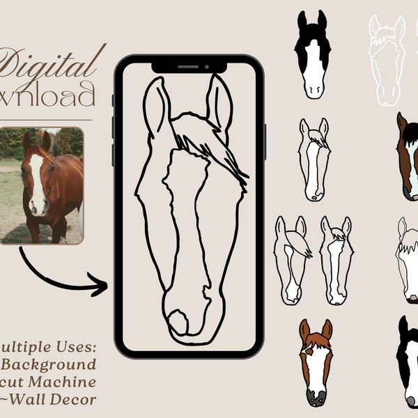 Benutzerdefinierte Pferde-Umrisszeichnung, Pferdegesicht-Umrisszeichnung, digitales Produkt der Pferdesilhouette, benutzerdefinierte Pferde- und Reiterzeichnung