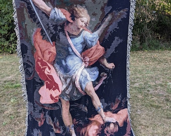 Saint Michael woven blanket, Catholic tapestry, Wall hanging, Saint Michael, Catholic Gift, Catholic Blanket, Angel Blanket