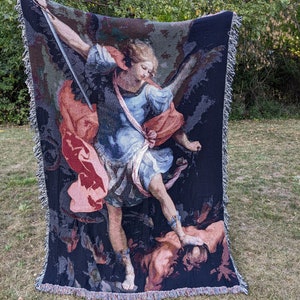 Saint Michael woven blanket, Catholic tapestry, Wall hanging
