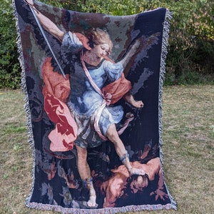 Saint Michael woven blanket, Catholic tapestry, Wall hanging, Saint Michael, Catholic Gift, Catholic Blanket, Angel Blanket