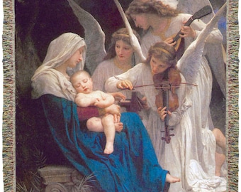 Song of the Angels, Blessed Mother Mary with Child Jesus, Saint woven blanket, Catholic tapestry, Wall hanging