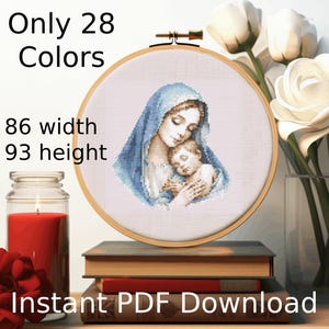 Punto de cruz de la Santísima Virgen, Virgen Madre con el Niño Jesús, Patrón de punto de cruz de descarga instantánea, Patrón de punto de cruz católico