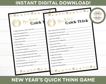 New Year Quick Think Game, Printable Games, Adults, Kids, Family, Icebreaker, Office Party, Classroom