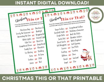 Christmas This or That - Christmas Printable - Kids -Family - Adults - Icebreaker - Office Party - Classroom Party