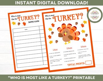 Who Is Most Like the Turkey Game - Thanksgiving Game Printable - Kids -Family - Adults - Icebreaker - Office Party - Classroom