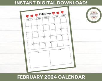 February 2024 Calendar, Printable, Instant Download, Vertical Schedule