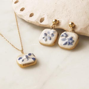 Elegant porcelain jewelry set: ceramic, gold plated, blue white square dangle earrings and gold pendant necklace Gift for woman G7GF040