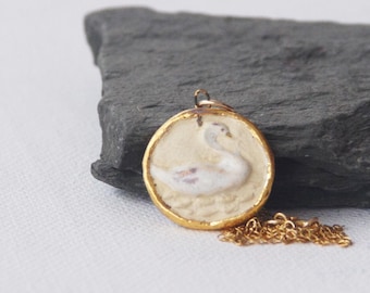 Elegant Cygnet gold pendant necklace: gold silver dainty necklace, porcelain bird intaglio pendant, nature inpired jewelry, jewelry gift her