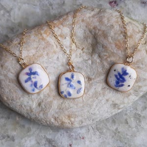 Porcelain pendant necklace: blue  and white porcelain pendant cameo, leaf motif, elegant gold chain, birthday gift idea, winter jewely
