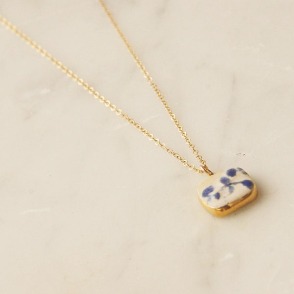 Ceramic gold filled necklace gold blue white necklace wedding necklace floral jewelry gift bridesmaid necklace present maid of honor gift