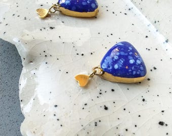 Porcelain celestial earrings: gold filled heart,  winter night earrings, blue white glaze, dangle studs, real gold luster