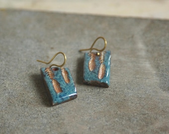 Cone earrings I Ceramic earrings I Woodland jewelry spruce branch blue & gold