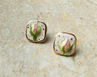 Floral earrings floral studs gold framed rosebud stud earrings ceramic studs flower elegant earrings bridal Cottagecore earrings modern mini