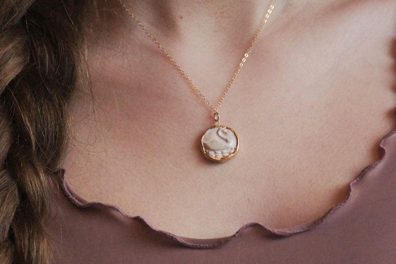 Dainty Swan gold filled necklace Wildlife jewelry cameo ceramic swan lake Intaglio gold pendant necklace porcelain 14k jewelry mom Gift image 7