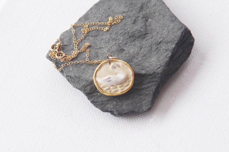 Dainty Swan gold filled necklace Wildlife jewelry cameo ceramic swan lake Intaglio gold pendant necklace porcelain 14k jewelry mom Gift image 6