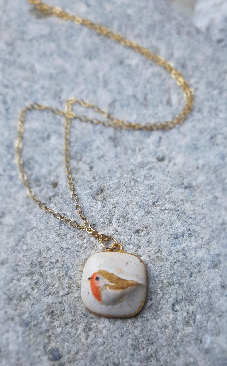 Rotkehlchen Vogel Anhänger Kette: Porzellan Goldkette, Silberkette Sterling Bild 2
