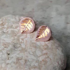 gold lustre fern earrings stud  Handcrafted jewelry tiny fern leaf studs botanist jewelry