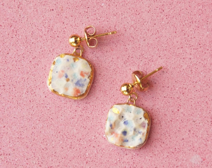 Multicolored confetti earrings: gold dangle square earrings, ceramic jewelry, fun earrings, gift for girlfriend