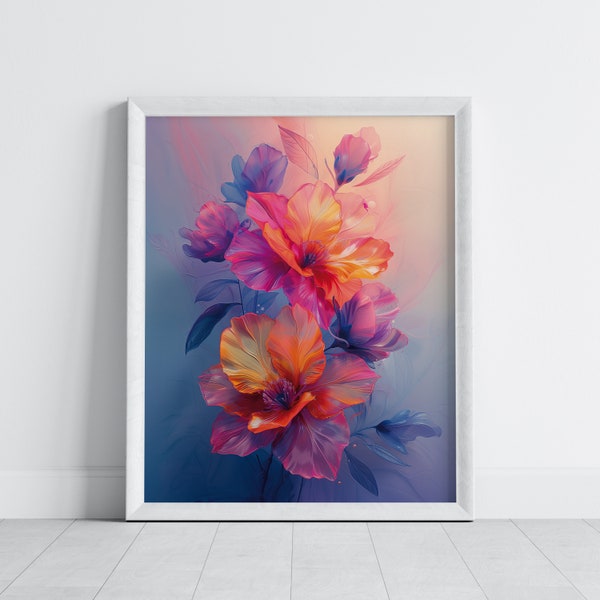 Floral Wall Art Printable, Luminous Essence Art, Vivid Flower Poster, Digital Download Botanical, Colorful Petal Artwork, Tranquil Decor