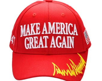 MAGA Baseball Cap with Trump Yellow Signature Bill ‒ Patriotic Red Snapback Hat for Men & Women / Trump 45-47