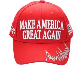 MAGA Baseball Cap with Silver Trump Signature Bill ‒ Patriotic Red Snapback Hat for Men & Women / Trump 45-47