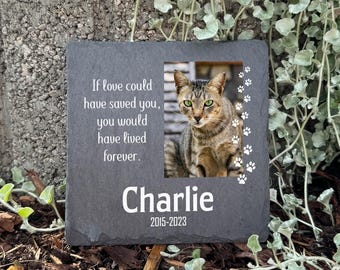 Lápida conmemorativa personalizada para mascotas, pizarra gris oscuro, diseño personalizado con foto y huella de pata.