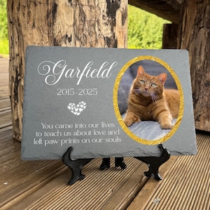 Personalised Photo Memorial Plaque Cat Stone Pet Grave marker Dog Tombstone Dark Gray Rectangle Slate size 20x30cm, Heart 25x25cm, Pet Loss