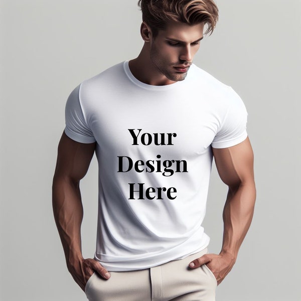 Editable T-shirt | Male T-shirt mockup | Male T-shirt design | Bella Canvas 3001 White T-Shirt Mockup - Male Model Lifestyle Mockup