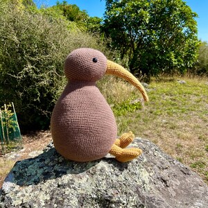 May include: A brown crocheted kiwi bird with a yellow beak and feet sitting on a rock. The kiwi is a popular symbol of New Zealand.
