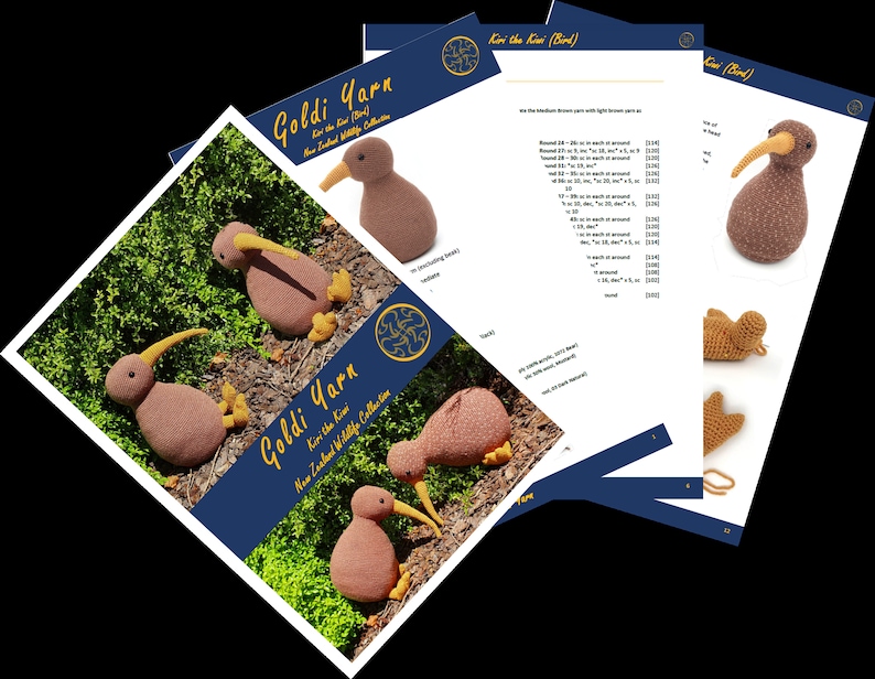 May include: A crochet pattern for a brown and yellow kiwi bird. The pattern is called "Kivi the Kiwi" and is part of the "New Zealand Wildlife Collection" by Goldi Yarn.