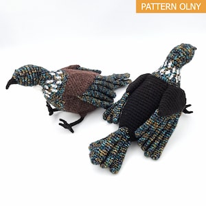 May include: Two crocheted stuffed birds, one brown and one black, with teal and gold accents. The birds are posed on a white background.  PATTERN ONLY.