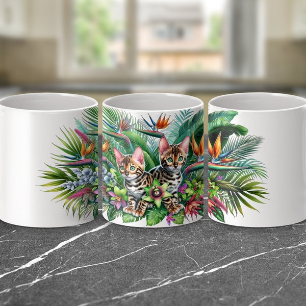 Tropical Cats Mug, Colorful Jungle Kittens, Ceramic Coffee Cup, Gift for Cat Lovers, Exotic Flora and Fauna, 11oz/15oz Options Available