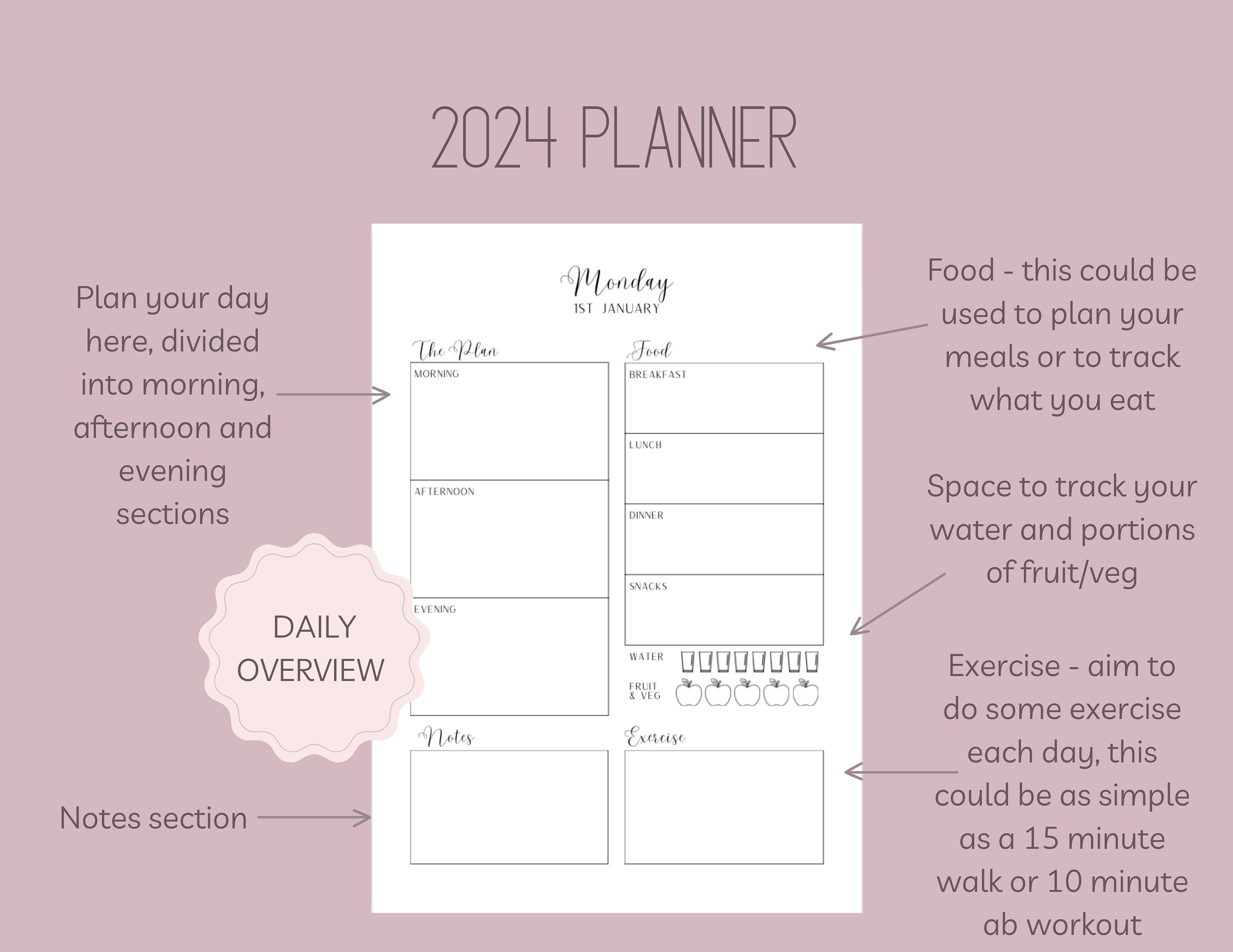 2024 Printable Daily Planner, 2024 Printable Diary, Digital Download Etsy
