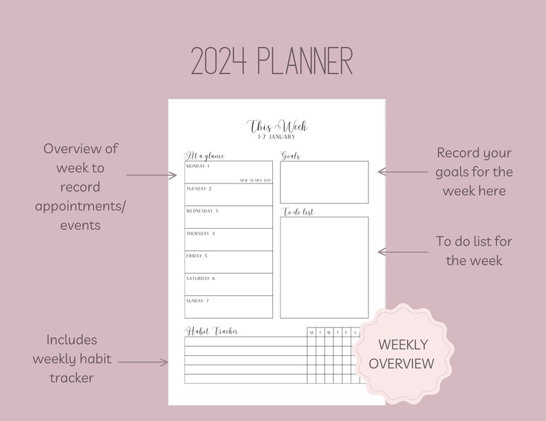 2024 Printable Daily Planner, 2024 Printable Diary, Digital Download Etsy