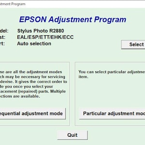 May include: A computer screen displaying the EPSON Adjustment Program for the Stylus Photo R2880 printer model. The program allows users to select either a sequential or particular adjustment mode. The screen also displays the destination as EAL/ESP/ETT/EHK/ECC and the port as auto selection.