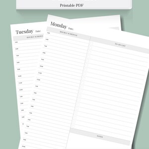 May include: Printable weekly planner with a gray and white color scheme. The planner has a section for each day of the week with hourly scheduling and a to-do list. The text "Days of the Week Planner" is at the top of the page.