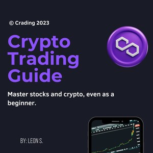 Könnte beinhalten: Ein lila und weißes Krypto-Münzen-Symbol auf einem dunklen Hintergrund mit dem Text "Crypto Trading Guide" und "Master stocks and crypto, even as a beginner." Ein Smartphone mit einem Aktienchart auf dem Bildschirm ist auf einem lila Hintergrund zu sehen.