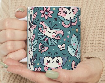Cute Butterfly Cartoon Ceramic 11oz Mug, Whimsical, Hearts, Mother's Day, Birthday, Kids Great Gift, Coffee, Tea, Hot Cocoa, Teal, Pink