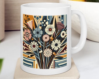 Art déco, bouquet de fleurs, tasse 11 oz en céramique, couleurs naturelles, fleurs, jardin, fête des mères, anniversaire, cadeau idéal, café, thé