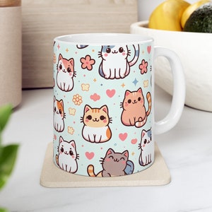 Cute Cats Cartoon Art Ceramic 11oz Mug, Felines, Sitting Cats, Happy, Coffee, Tea, Hot Cocoa, Great Gift, Cat Lover, Kids