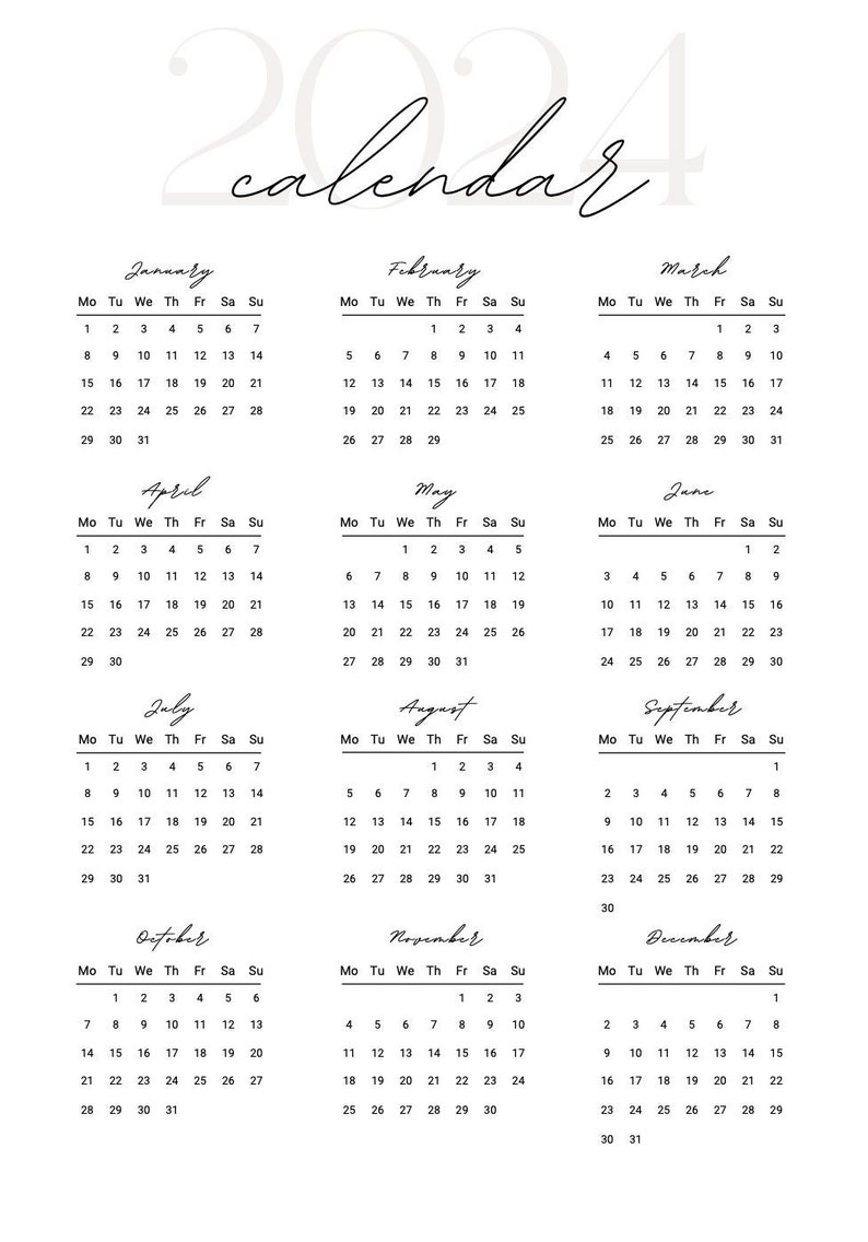 Monthly Planner, Yearly Calendar, 2024, Year at a Glance, Printable