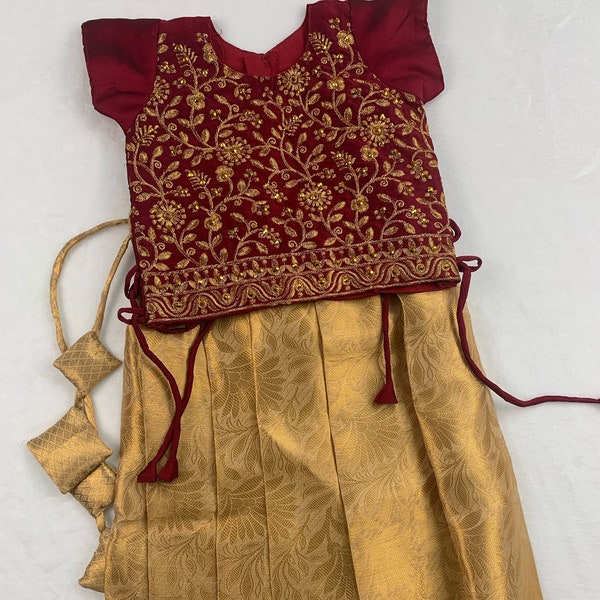 Golden lehnga with Maroon/Green/Mehndi color Blouse (Machine Embroidery)