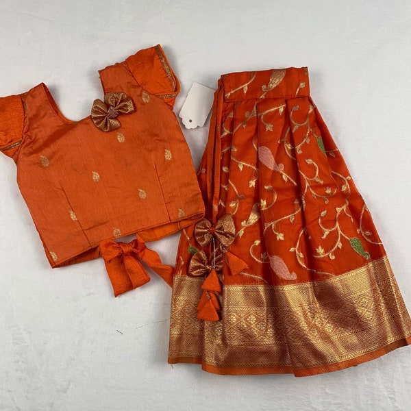 Orange color Organza Skirt with Cap sleeves Orange Semi- Silk Blouse (Gold Zari)