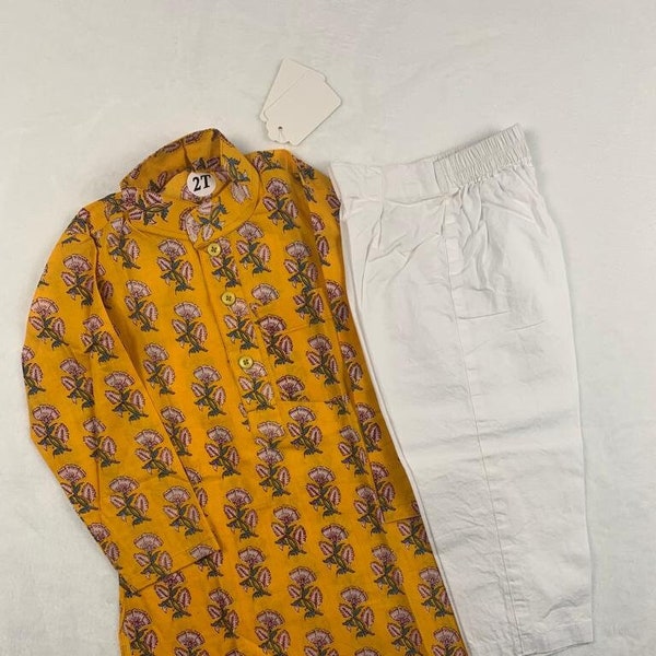 Cotton Boy's Kurta with Pant/pajama | Jaipur Block Print | Mango Yellow Kurta with cotton white pajama | 2 Years old boy