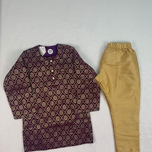 Semi-Silk Purple Kurta Set for boys with Turquoise Motifs & Muted Golden Pajama - 3T | Elegant Round Neck and Golden Buttons